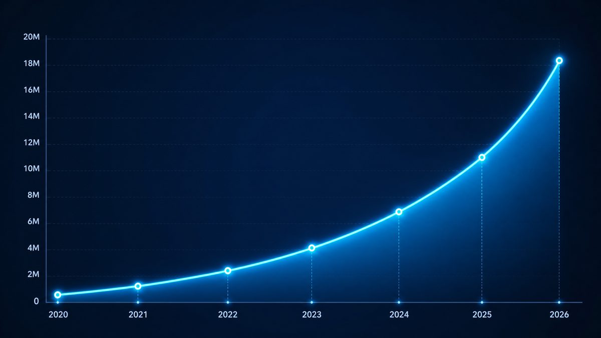 黄色软件用户增长数据图表,展示2020-2026年注册用户从50万增长至1800万的趋势